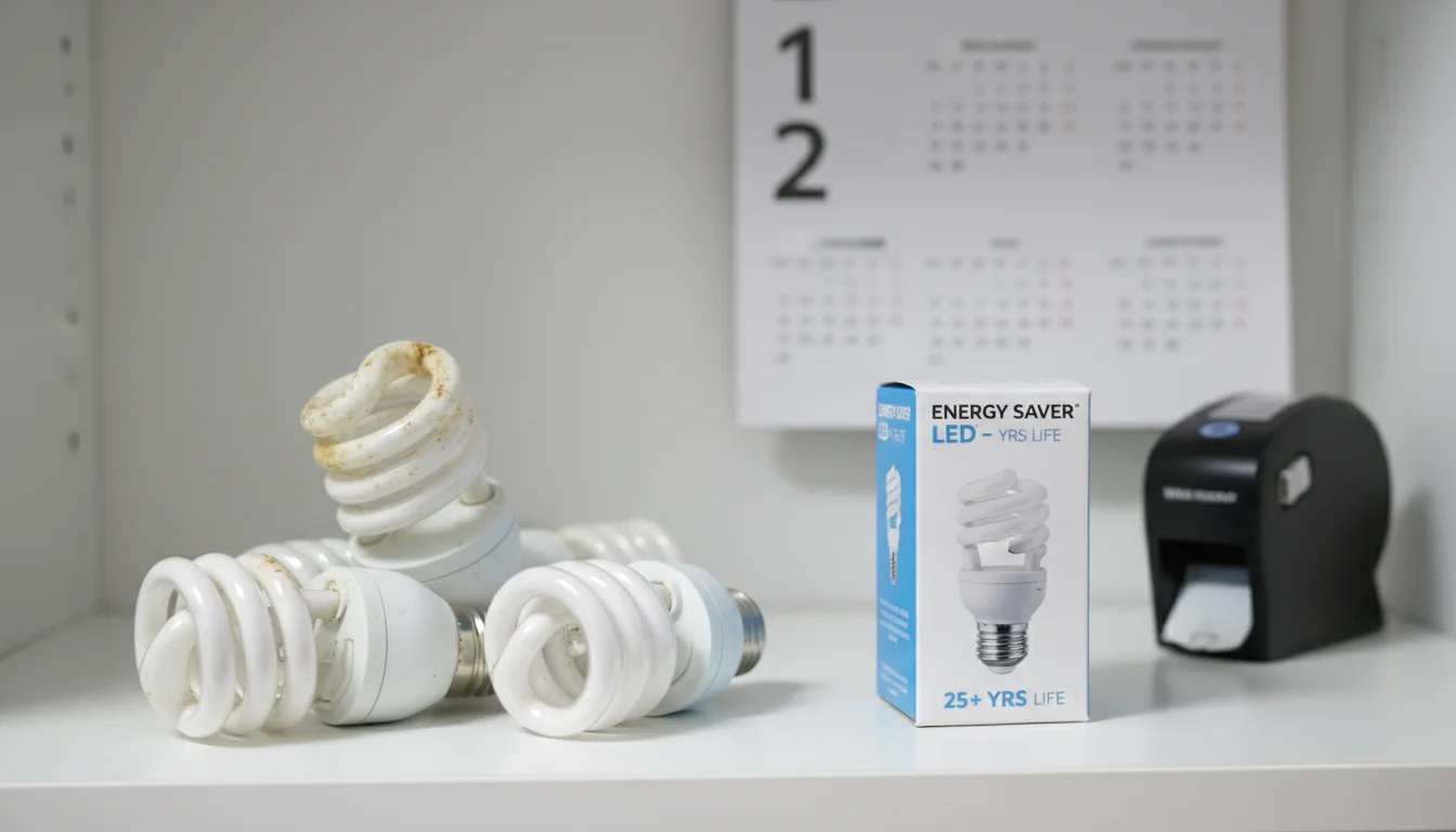 Three old, used spiral CFL bulbs next to a new, packaged LED bulb on a shelf.