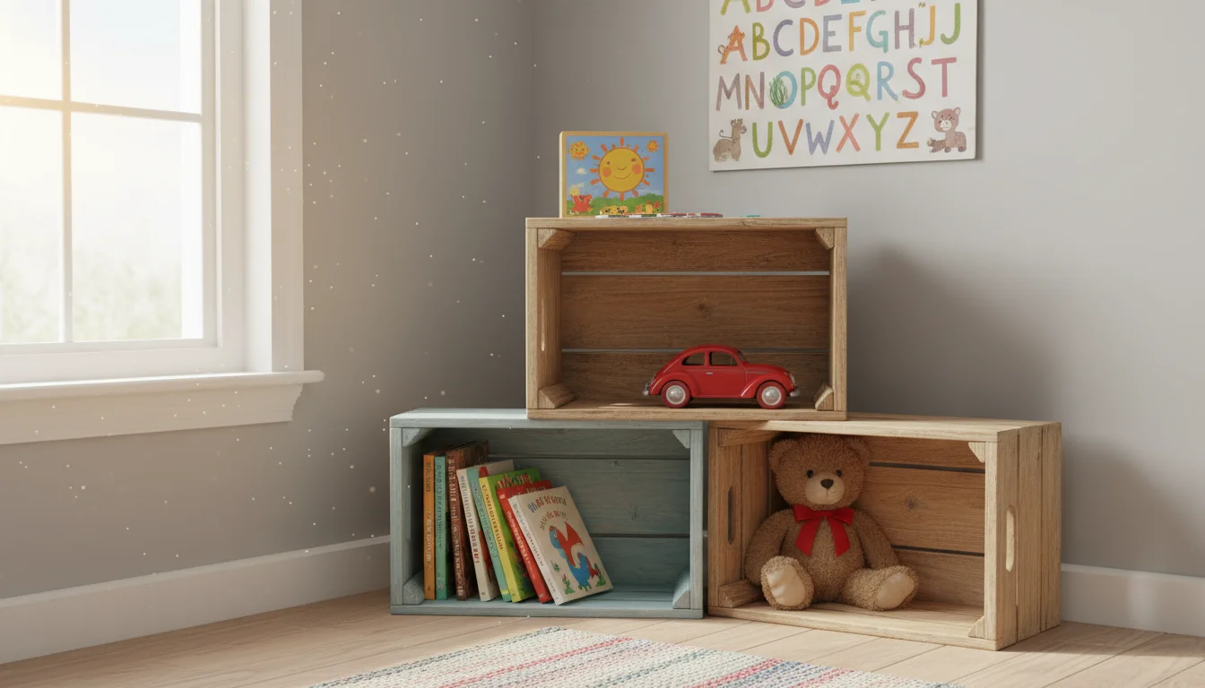Three stacked wooden crates, one painted blue, in a child's room corner, holding books, blocks, and a teddy bear.