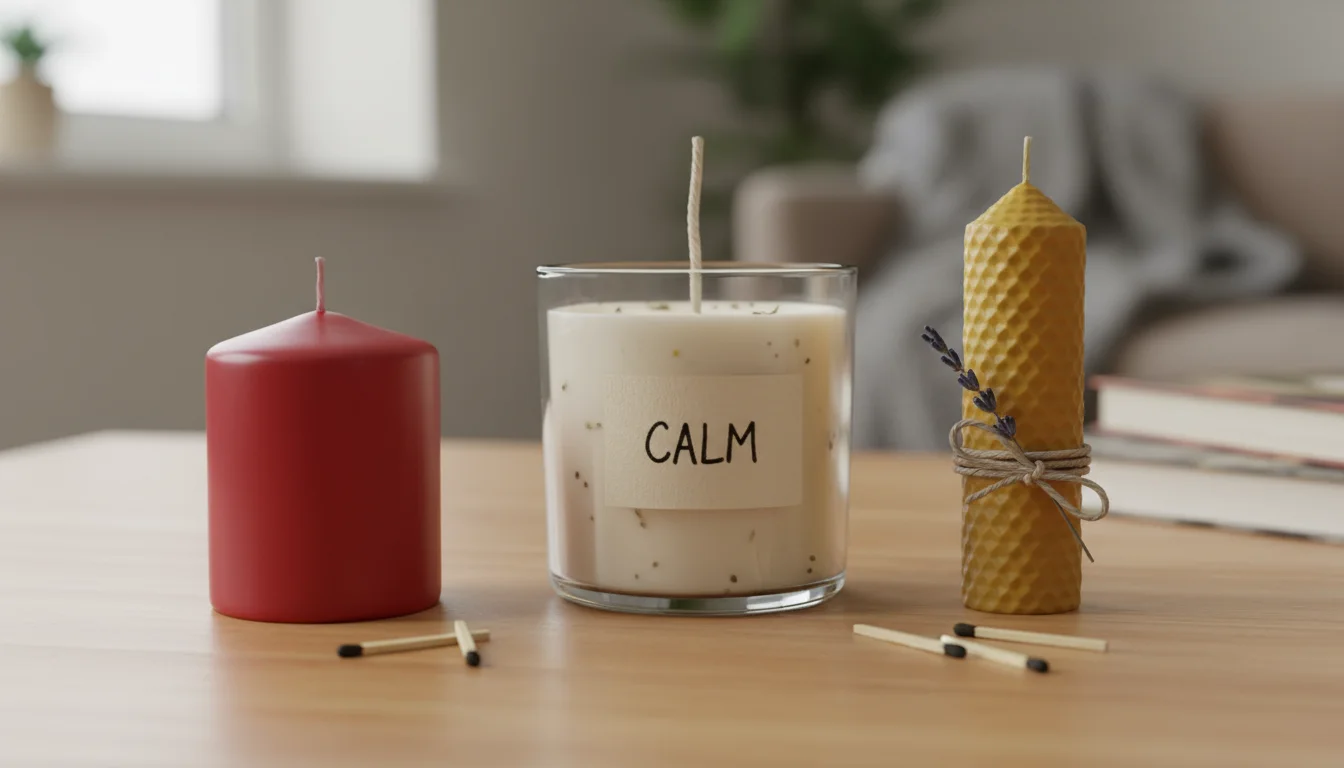 Three unlit candles on a wooden table: a vibrant red paraffin pillar, a creamy white soy candle in a glass jar, and a golden beeswax pillar.