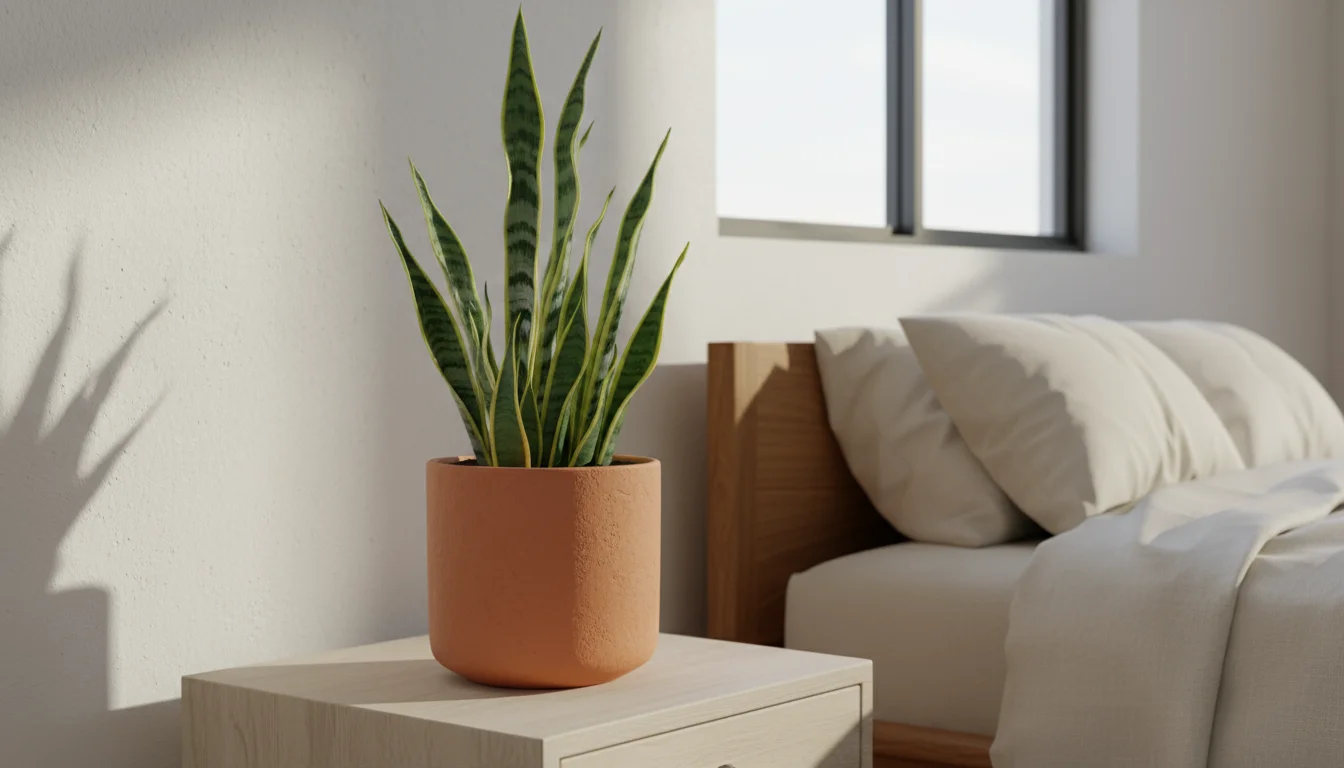 A thriving snake plant in a terracotta pot sits on a natural wood nightstand in a sunlit bedroom with linen bedding, conveying peace and natural healt