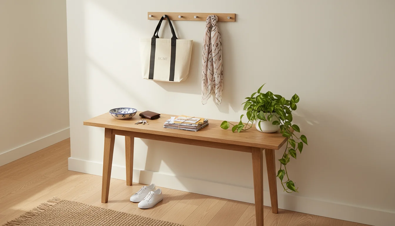 Eye-level view of a tidy entryway drop zone with a console table, ceramic dish holding keys and wallet, mail, and wall hooks.