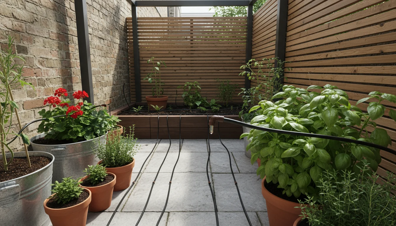 A tidy urban patio garden with black drip irrigation lines visible amongst lush container plants and a raised bed. A water droplet forms at an emitter