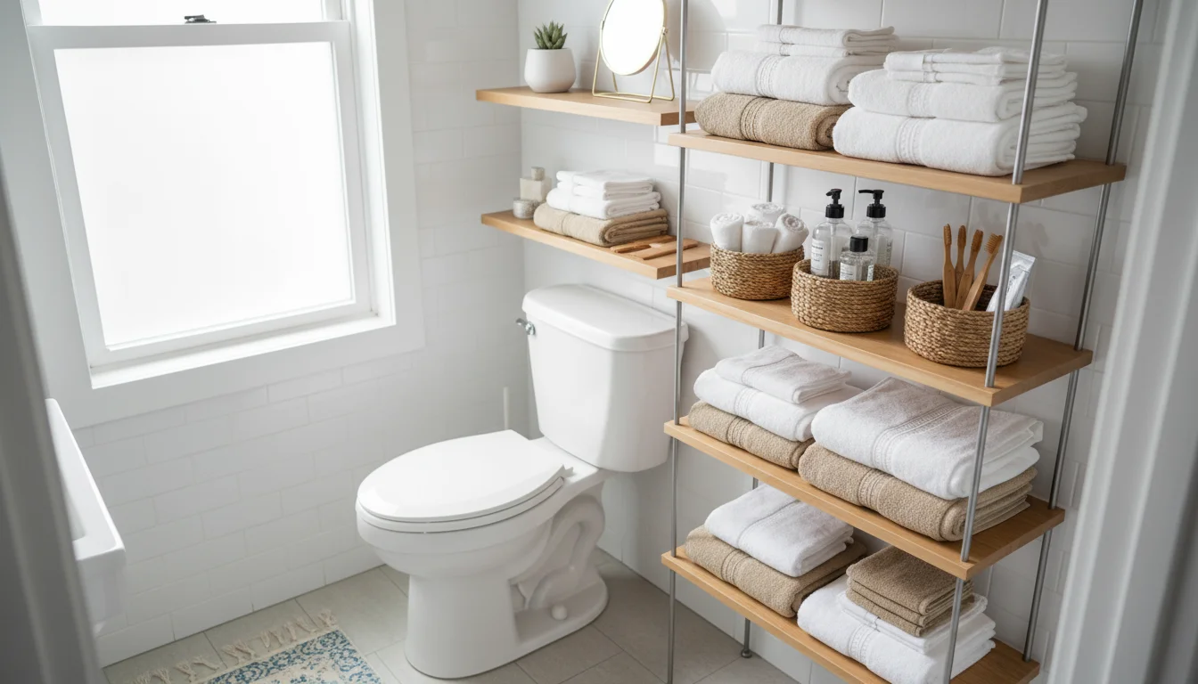 A tidy, wall-mounted vertical shelving unit in a small bathroom, displaying neatly folded towels and organized toiletries in baskets.