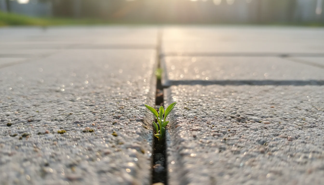 A tiny green weed emerging from a thin crack between two light gray concrete patio pavers.