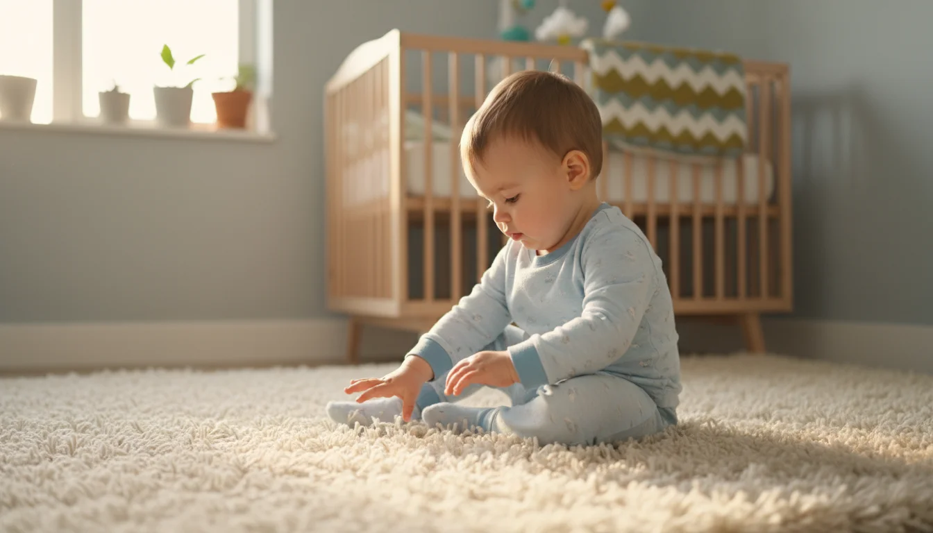 Toddler in pajamas sitting on a cream, high-pile rug, gently touching its soft texture in a peaceful nursery.