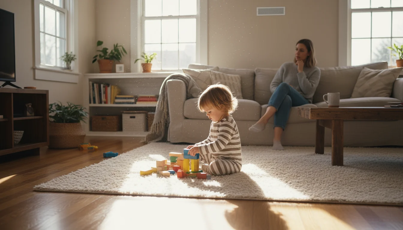 Toddler playing on a rug in a sunlit living room with a parent observing thoughtfully in the background.