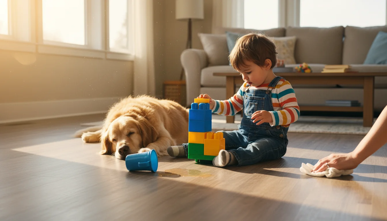 A toddler plays with blocks on wood-look LVT flooring while a dog naps. A parent's hand wipes a small water spill from the floor.
