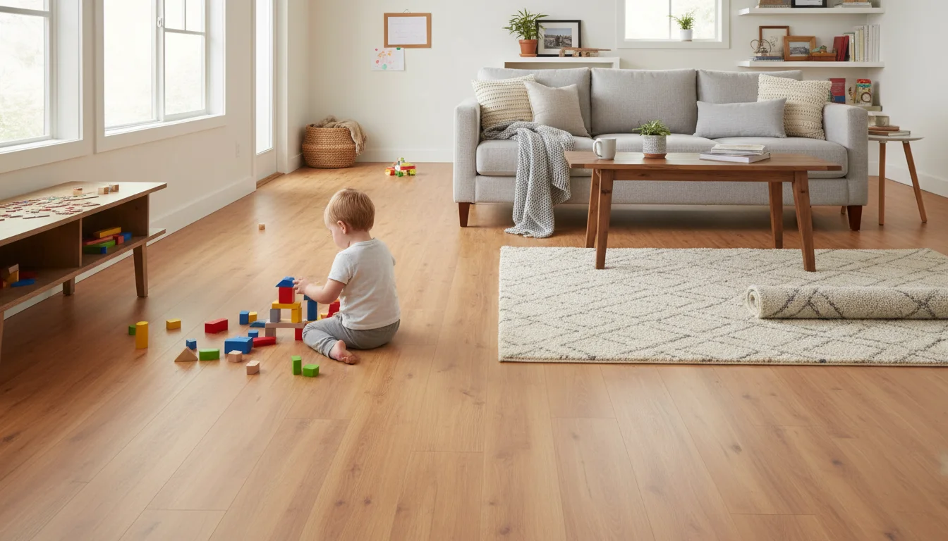 A toddler plays with wooden blocks on warm-toned laminate flooring in a sunlit living room with a simple rug.
