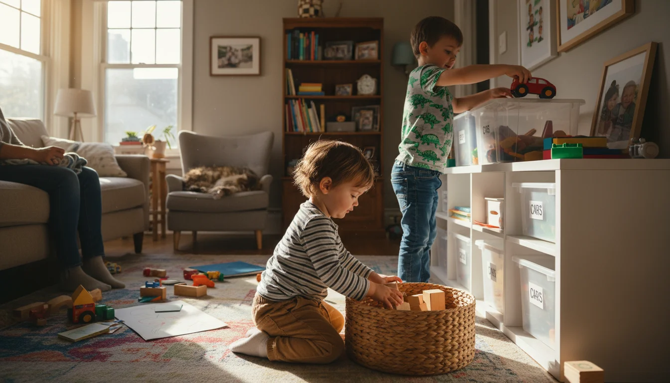 Toddler putting blocks in a basket and a preschooler sorting toys into a bin in a sunlit, lived-in family room.