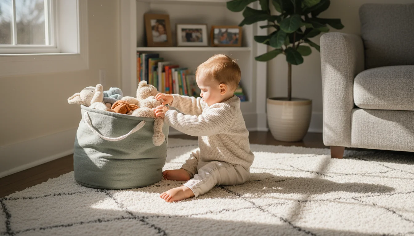 A toddler on a soft rug reaches into a fabric bin filled with plush toys, with other decorative fabric bins on a low shelf.