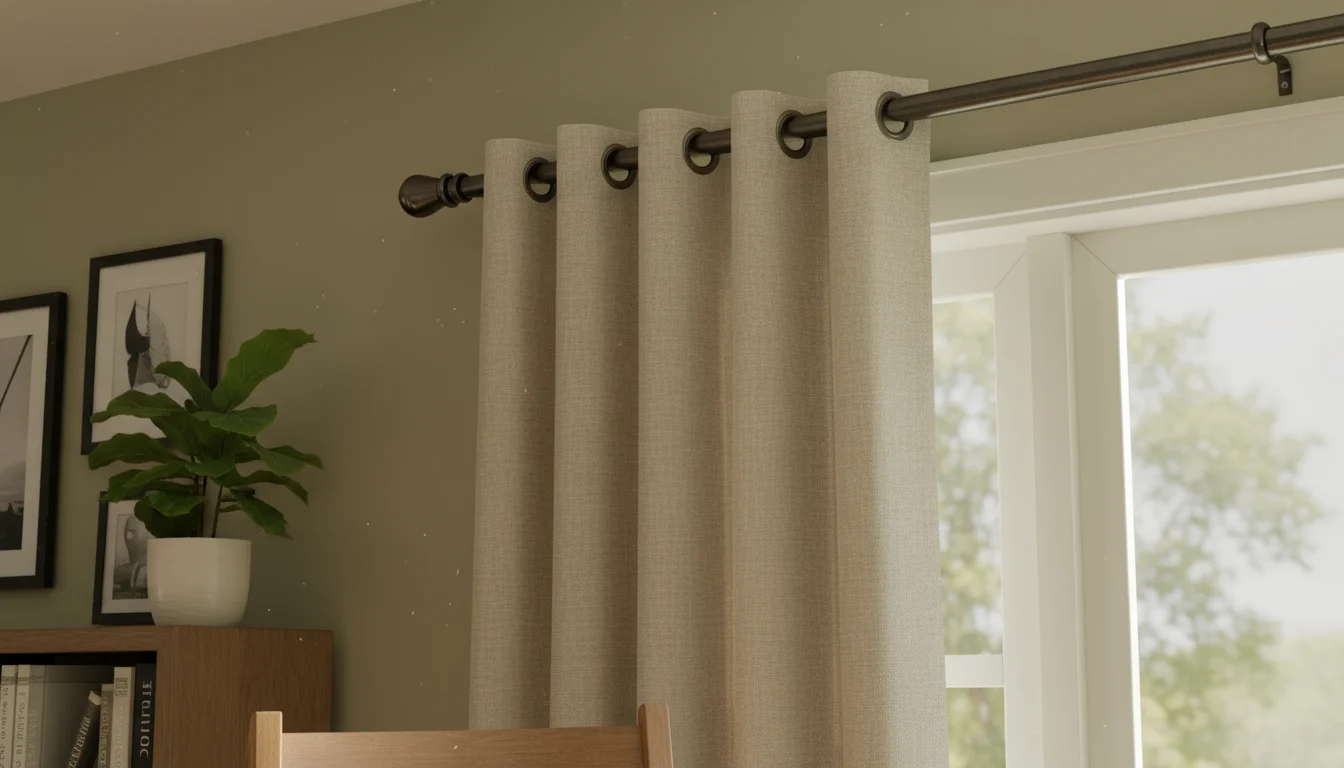Top corner of a window showing a thick, dark brushed metal curtain rod with a cylindrical finial and muted taupe linen drapes.