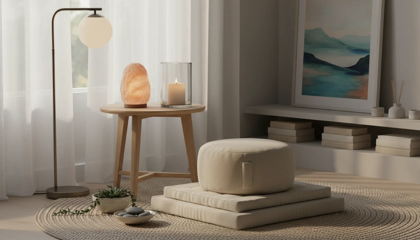 A tranquil meditation corner with soft natural light, a warm lamp, a glowing salt lamp, and a lit candle.