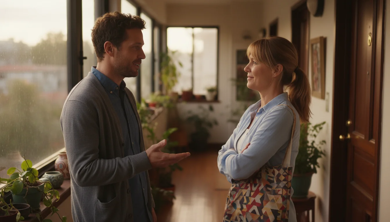 Two adult neighbors, one speaking with a gentle hand gesture, the other listening intently, on an apartment landing, having a friendly conversation.