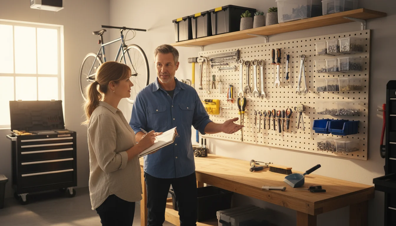 Two adults in a bright, clean garage corner. A woman with a notebook looks at organized tools on a pegboard, a man gestures beside her.
