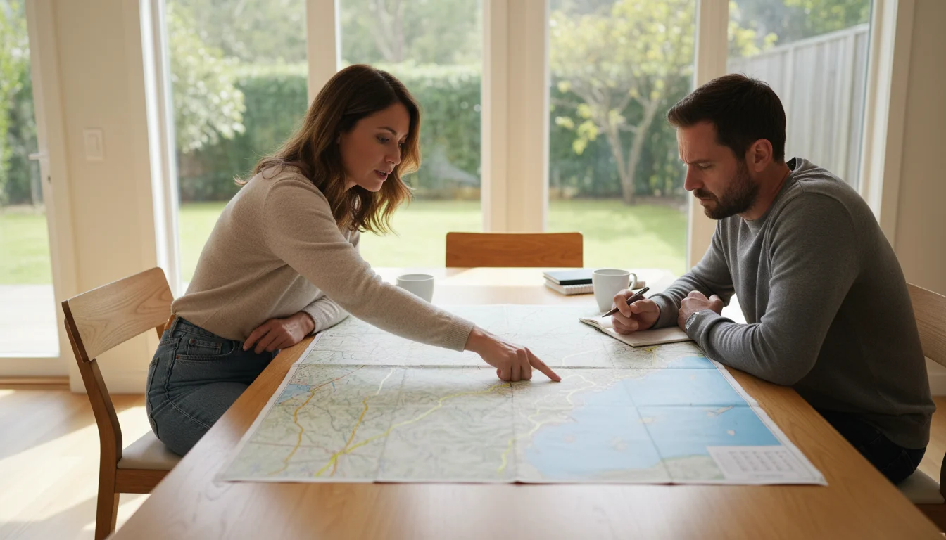 Two adults, a man and a woman, leaning over a large paper map on a dining table, actively marking potential evacuation routes and meeting points in a 