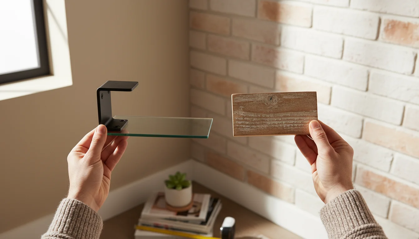 Two distinct shelf material samples, sleek metal and distressed wood, held against a neutral wall in a home corner for comparison.
