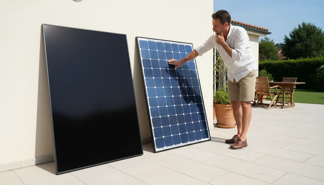 Two distinct solar panel samples, one black monocrystalline and one blue polycrystalline, lean against a wall on a patio. A person touches one.