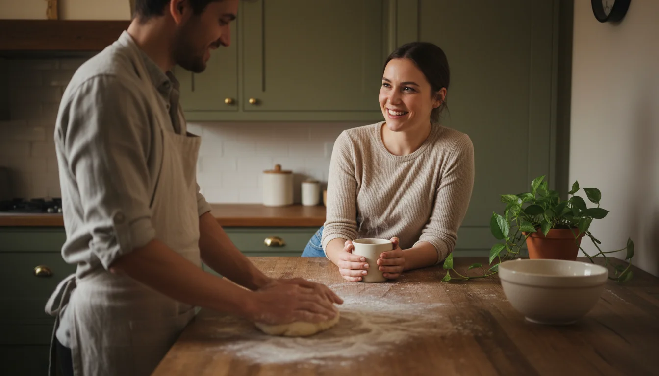 Two friends share a cozy, warm-toned kitchen. One kneads dough on a wooden island, the other leans and chats, holding a mug.
