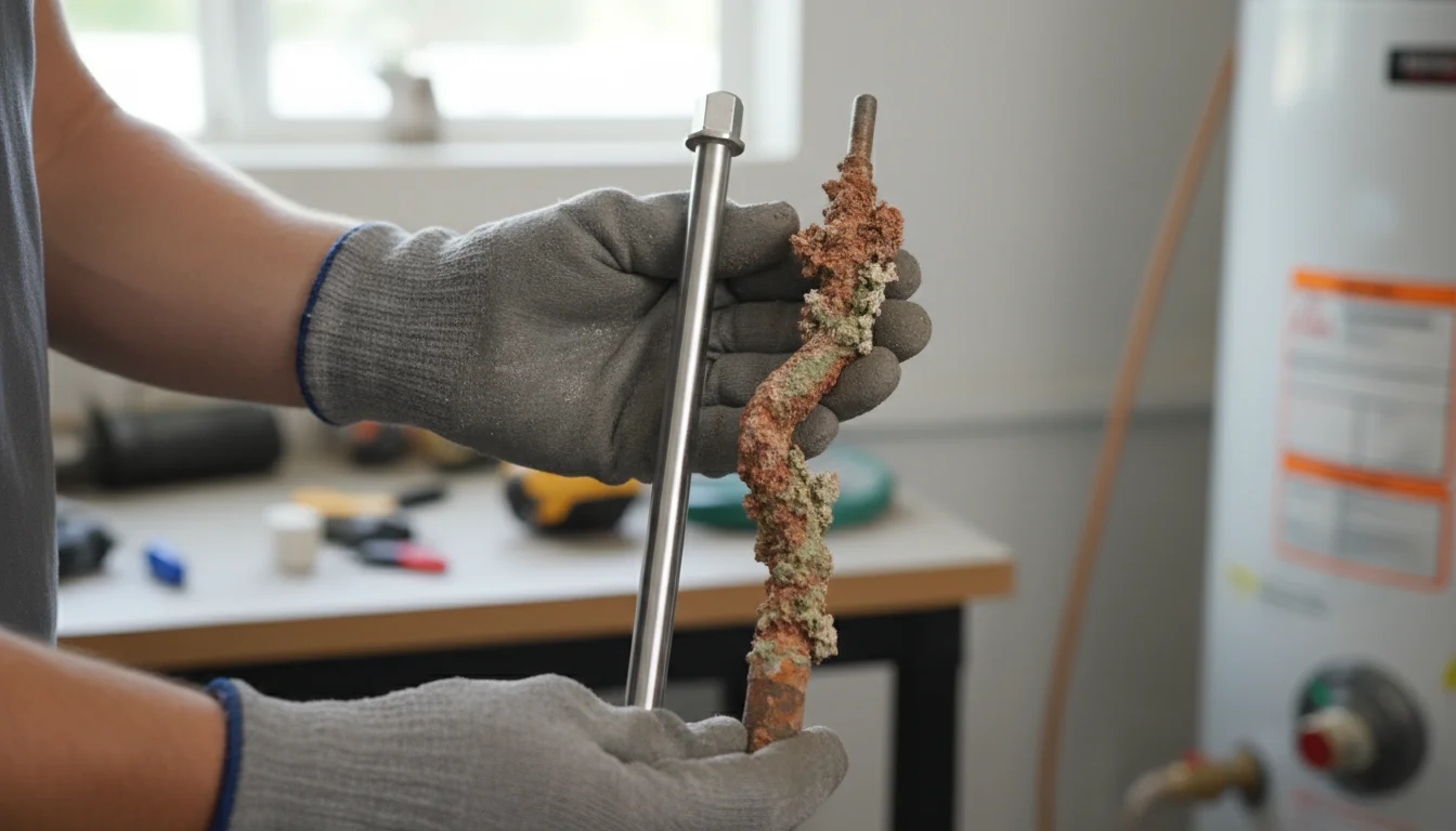 Two hands in work gloves hold a new, shiny anode rod next to a short, heavily corroded old anode rod.