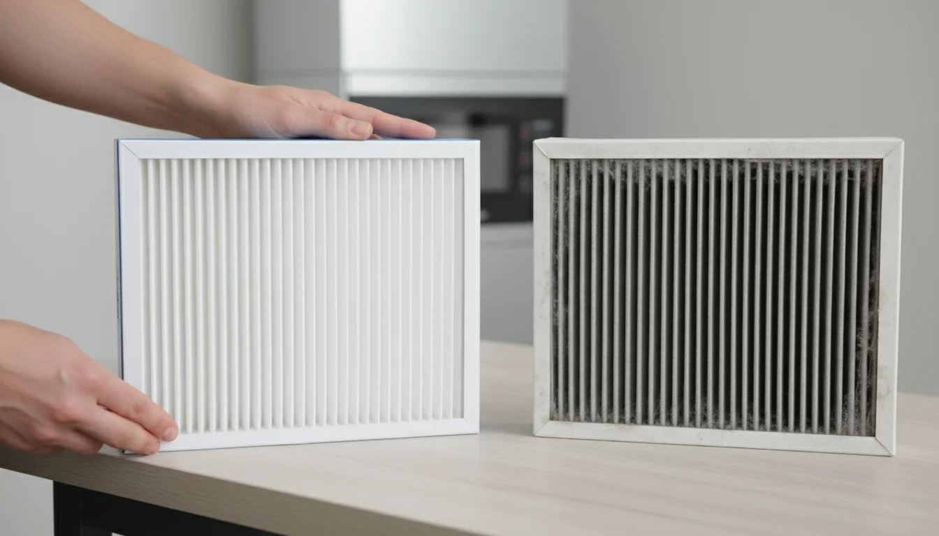 Two HVAC air filters, one new and clean, one dirty and dusty, side-by-side on a light surface, with hands holding the new one.