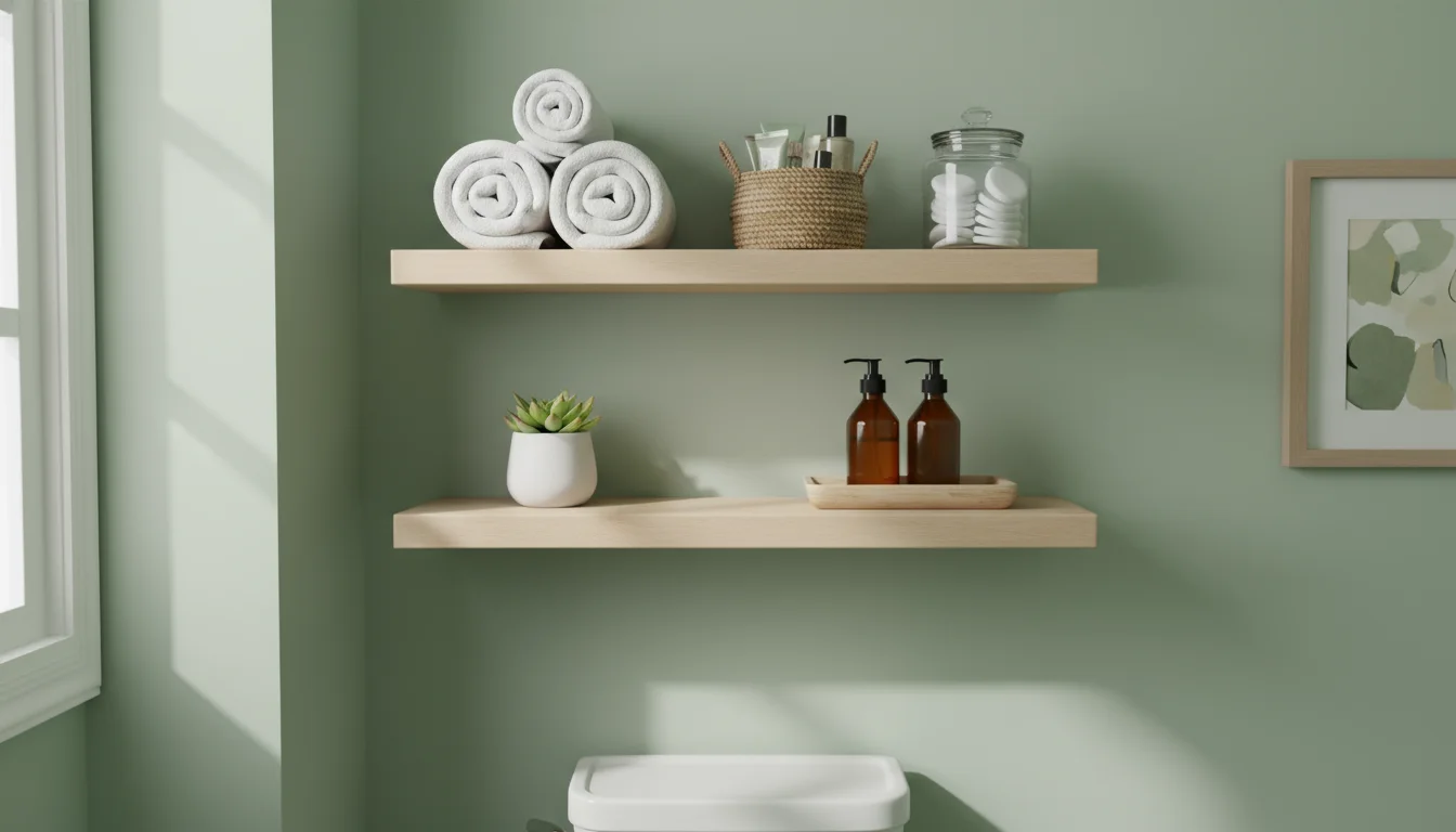 Eye-level shot of two light wood floating shelves above a toilet in a small, organized bathroom, holding towels, toiletries, and a plant.