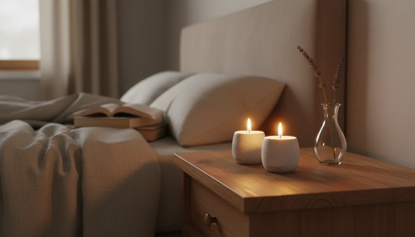 Two lit votive candles in white ceramic holders on a natural wood bedside table next to a lavender sprig and stacked books in a softly lit bedroom.