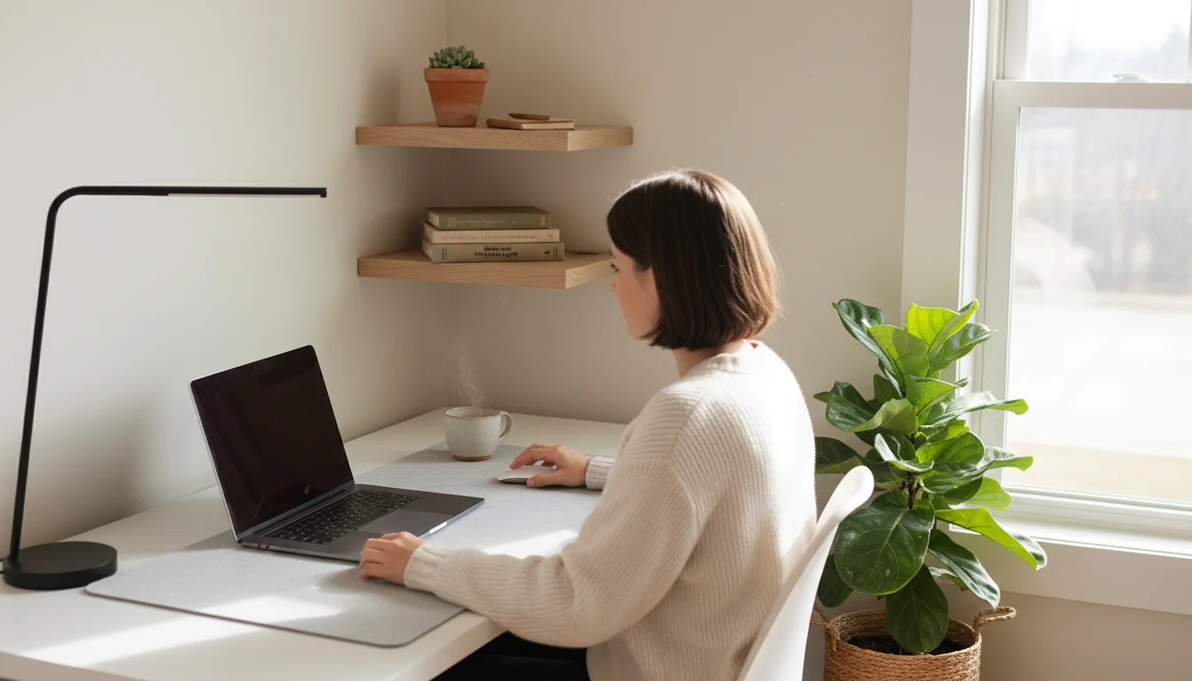 Two natural wood floating corner shelves in a minimalist home office, holding a succulent, journal, books, and reading glasses.