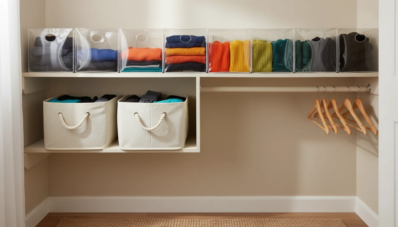 Two organized closet shelves: top shelf with folded sweaters and clear dividers, bottom shelf with two fabric bins holding activewear.