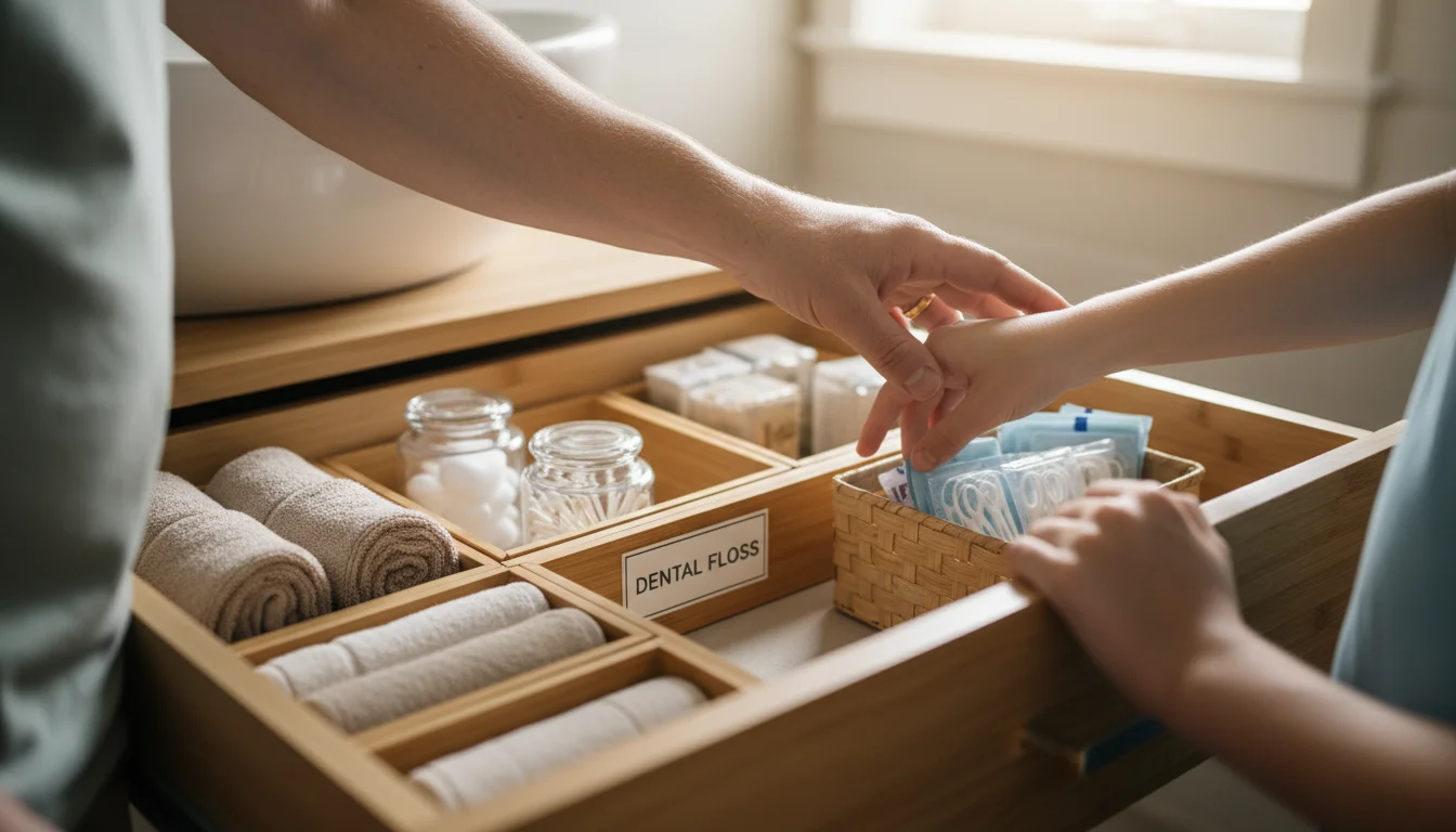 Two pairs of hands, adult and child, interact with an organized bathroom drawer. An adult's hand points to dental floss in a bamboo basket.
