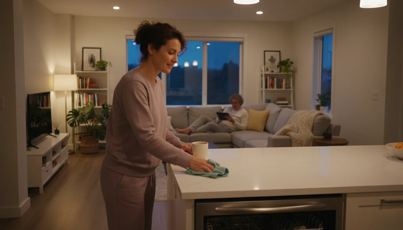 Two partners quickly tidying an open-concept kitchen and living room during an evening routine; one wipes a counter, the other folds a blanket.