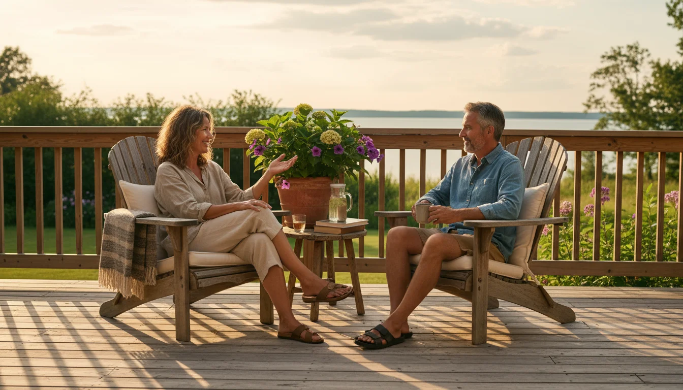 Two people relaxing in Adirondack chairs on a wooden deck, one gesturing towards a plant during a casual conversation.