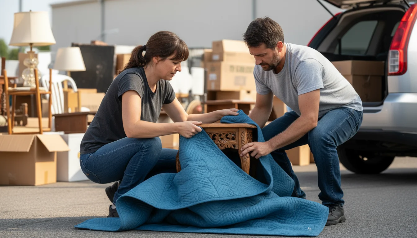 Two people carefully wrap a vintage wooden side table with a blue moving blanket next to an open car trunk.