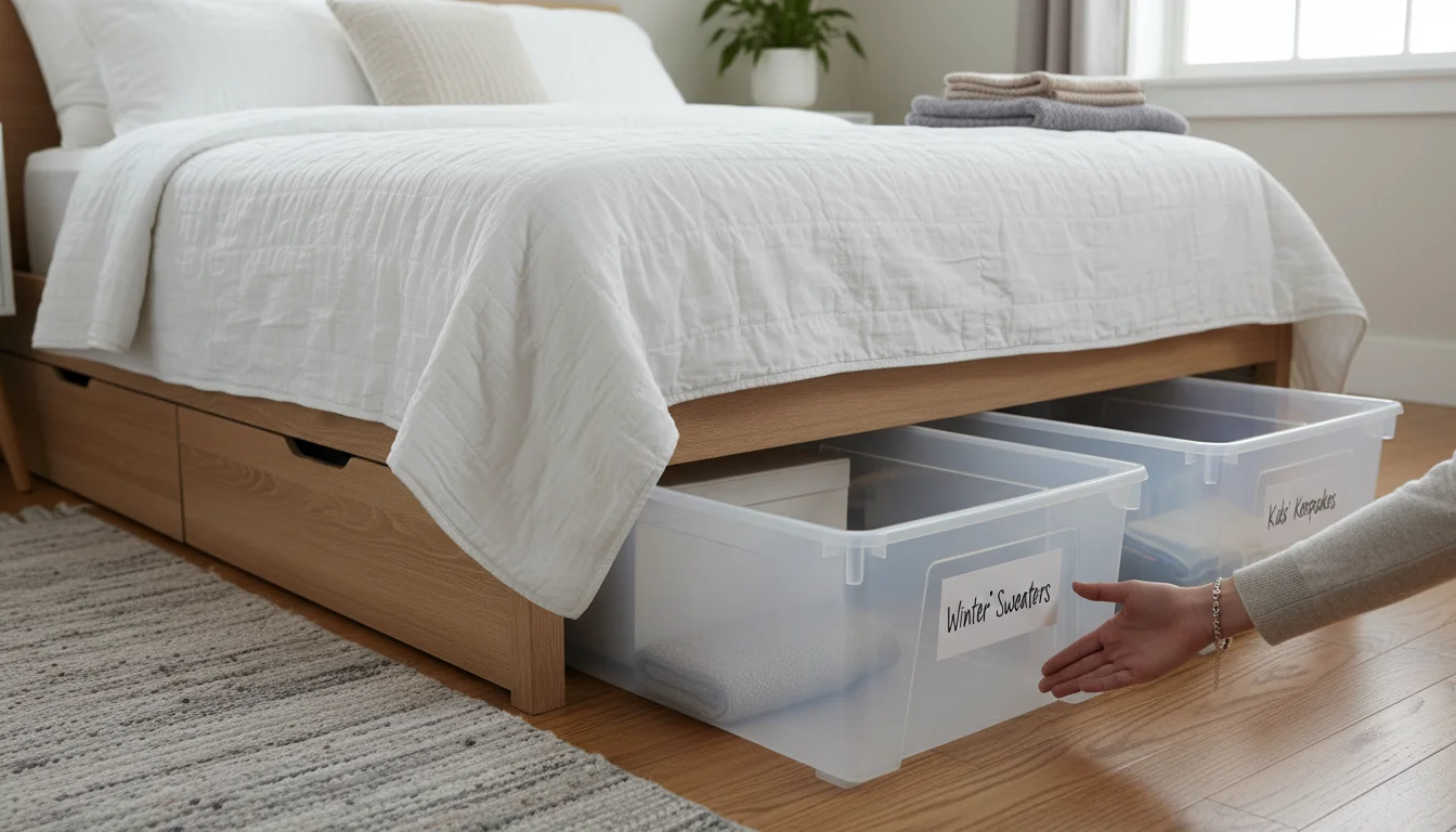 Two clear plastic under-bed storage bins, partially pulled out from under a bed, displaying large, handwritten labels. A hand rests on one of the labe