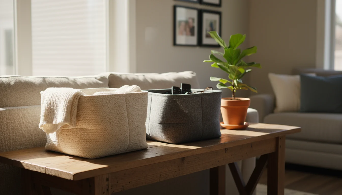 Eye-level view of two textured fabric storage bins, one jute, one felt, on a rustic wood console table in a sunny family room, holding home essentials