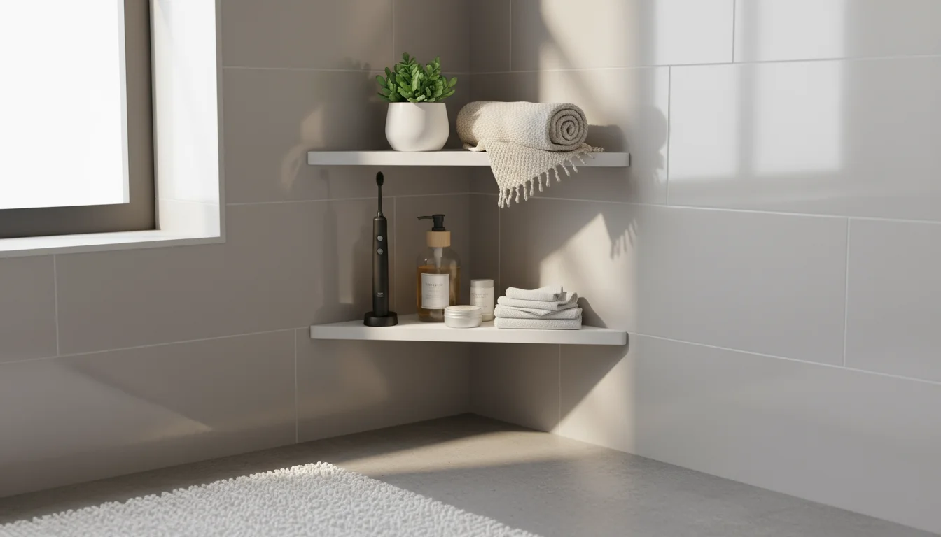Two white fixed triangular wall-mounted shelves in a light blue bathroom corner, holding a succulent, rolled towel, soap dispenser, and toothbrush hol