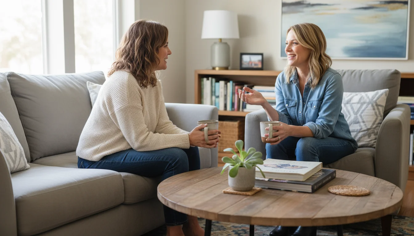 Two women chatting comfortably in a living room, seated on a sofa and armchair arranged around a coffee table.