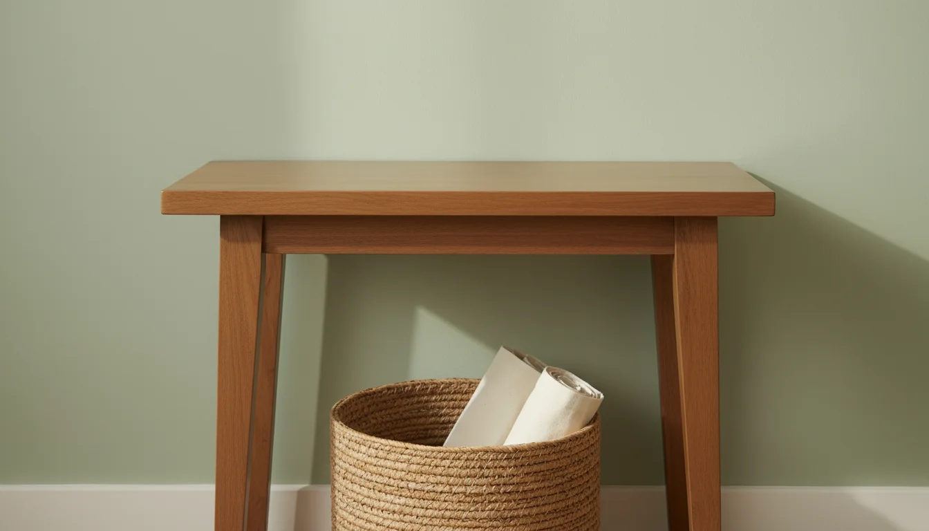 An uncluttered natural wood entryway console table with a woven basket holding a canvas tote bag beneath it and keys on a hook above.