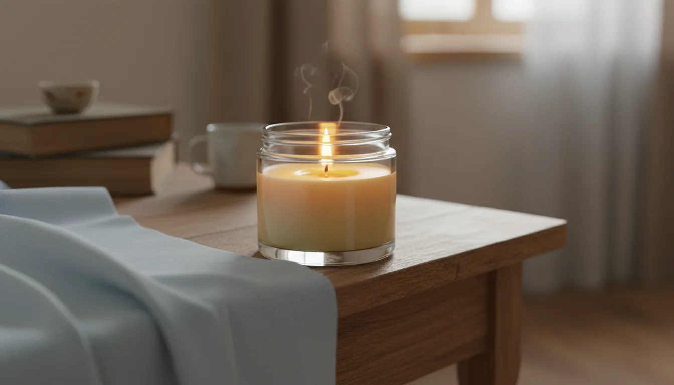 An uncolored beeswax candle in a clear glass jar with a wide, even melt pool, burning on a worn wooden bedside table.