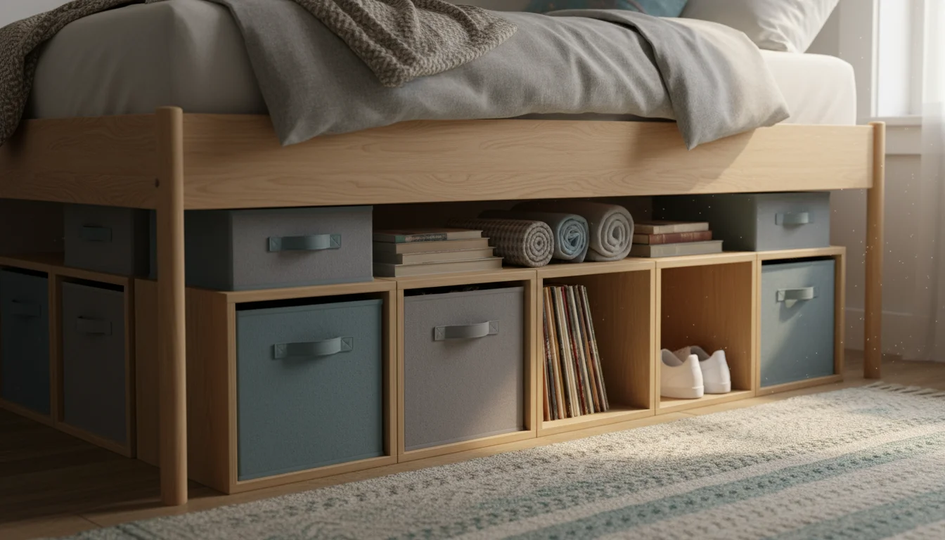 View under a light-colored wooden bed frame showing modular wooden cube organizers. They contain soft gray and blue fabric bins, stacked books, and a 
