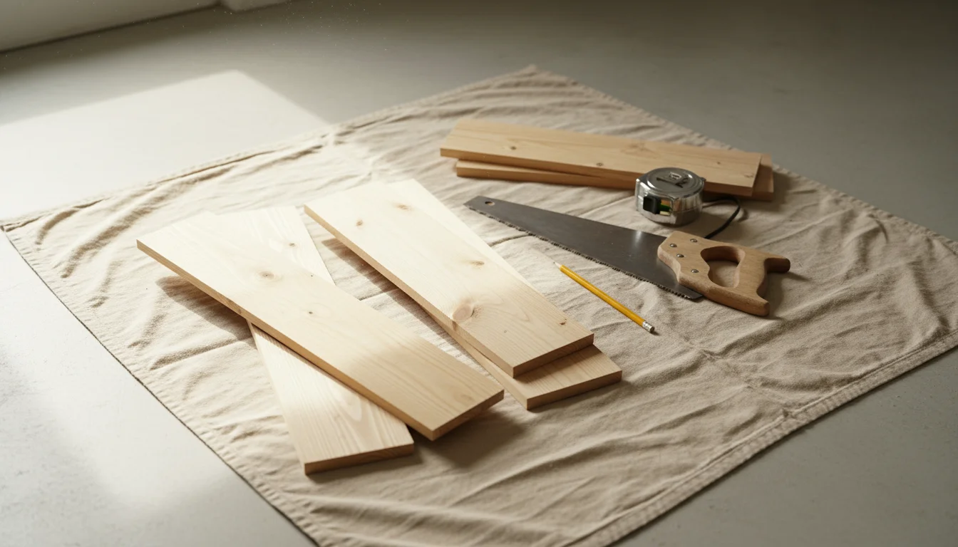 Unfinished reclaimed wood planks, a hand saw, tape measure, and pencil neatly laid out on a canvas drop cloth on a light floor.