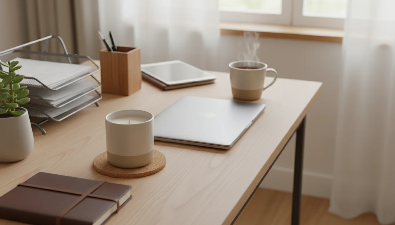 An unlit, neutral-toned ceramic jar candle on a cork coaster sits on a light wood home office desk, next to a closed laptop. A blurred organized books
