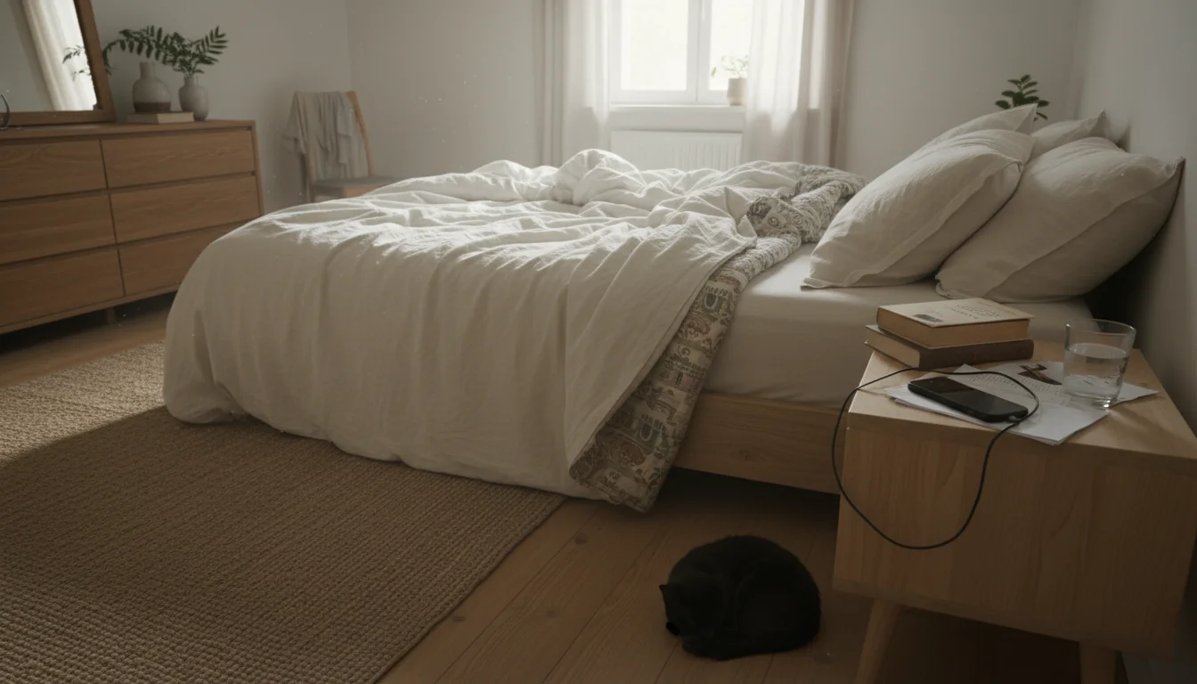An unmade bedroom with a cluttered nightstand (books, charger, glass) and a small pile of clothes on the floor, suggesting subtle disarray.