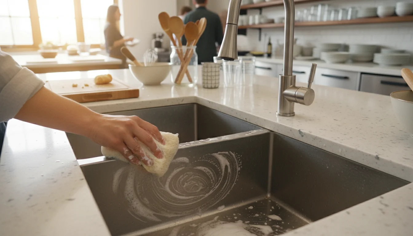 Unmanicured hand actively scrubs baking soda into a stainless steel kitchen sink with a damp sponge. A clean quartz countertop and a DIY spray bottle 