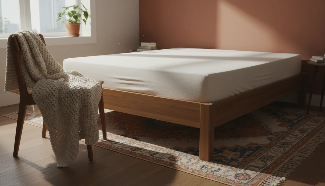 An unrolled foam mattress expanding on a simple bed frame in a naturally lit, cozy bedroom with a knitted throw on a chair.