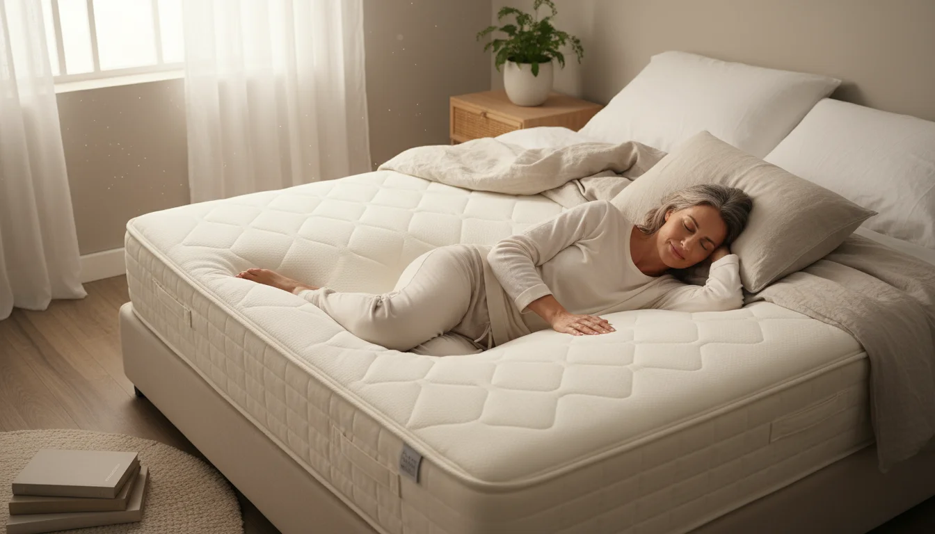 Shoulder and upper back gently sinking into a mattress, showing soft contouring for pressure relief under morning light.