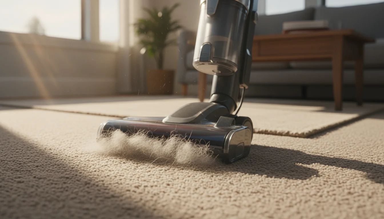 A vacuum cleaner's nozzle powerfully suctions a clump of pet hair from a medium-pile carpet, leaving a clean path behind.