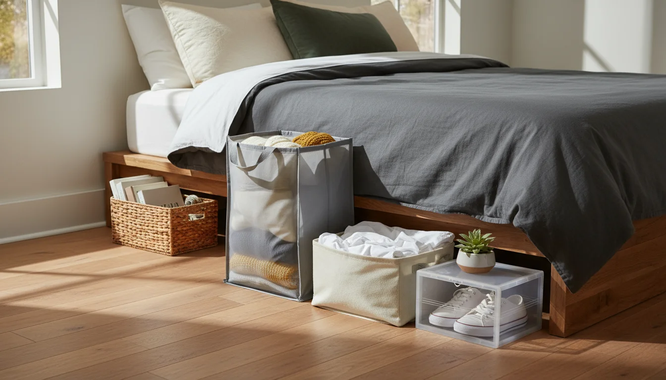 Various organized items like sweaters, linens, boots, books, and toys neatly arranged on a bedroom floor, ready for under-bed storage.