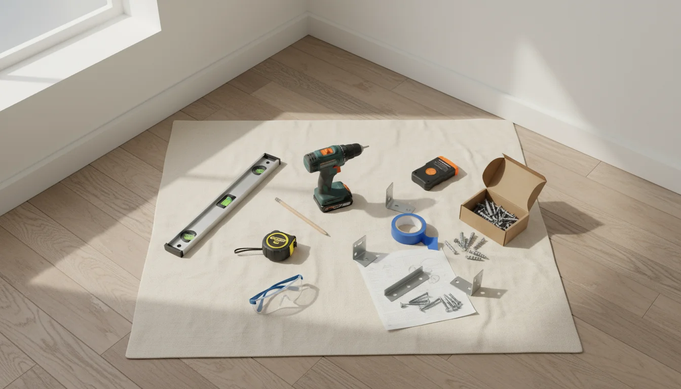 Overhead view of various tools including a drill, measuring tape, and level, neatly arranged on a drop cloth on a wooden floor, with hands.