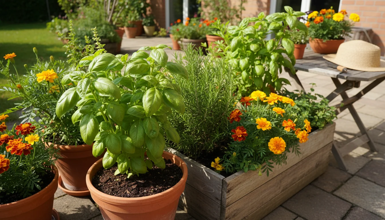Elevated view of a vibrant container garden on a sunlit patio, with lush herbs and marigolds. Dark compost is visible around a basil plant.