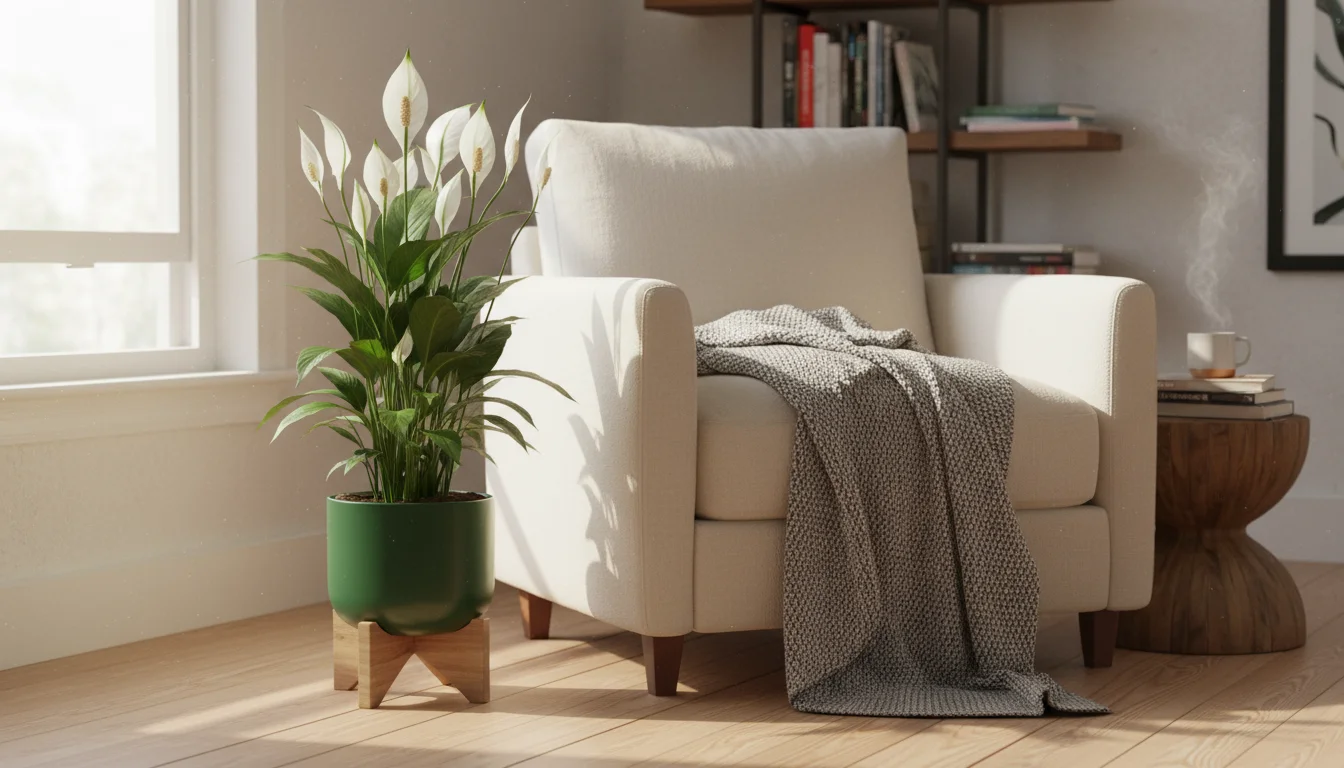 A vibrant Peace Lily in a dark green pot on a wooden stand next to a cozy, cream armchair with an open book in a sunlit reading nook.